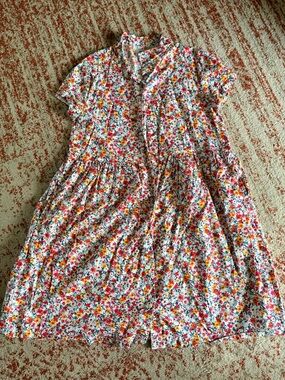 Old Navy White Floral Button-Front Casual Dress with Red, Yellow & Blue Flowers